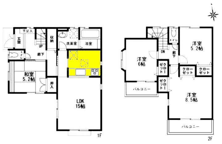 キッチンの位置を黄色で着色した間取り図 ※狭い庭へのぷちリビング増築を含めた一連のリビングリフォーム前の説明用画像2スケッチ 