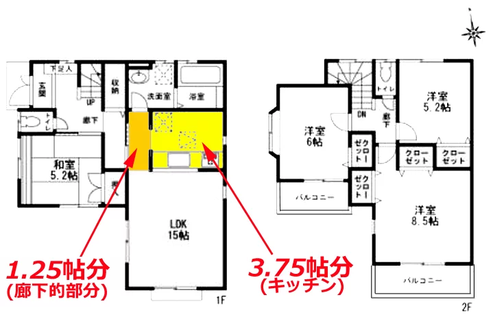 間取り図にキッチンと廊下的な部分の範囲と帖数を示した図面画像 ※狭い庭へのぷちリビング増築を含めた一連のリビングリフォーム前の説明用画像3スケッチ 