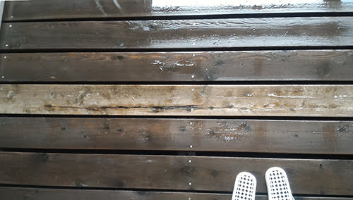 降雨時にビシャビシャになっている床板を撮影した写真画像 (防水一番を塗布した範囲は吸い込みがないかのように見える写真)