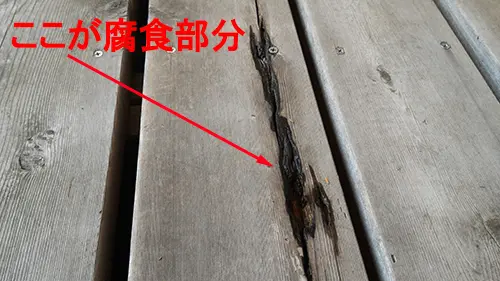 木製デッキ①の腐食が出てきた床板の部分を撮影した写真画像
※防水一番を塗った部材例写真1