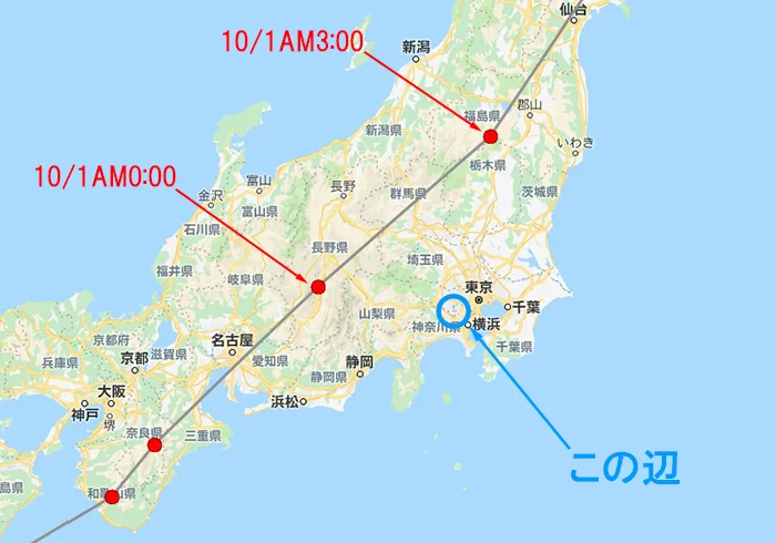 デジタル台風さんから引用：2018年台風24号の経路情報地図にコメントを入れた画像