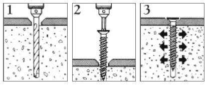 自作の一輪車練習用バー手摺を設置する床面がコンクリートの場合などに使用するコンクリート用ノンプラグビス：ピーレスアンカー施工イメージ
（ピーレスアンカーカタログからの引用した断面スケッチ画像）