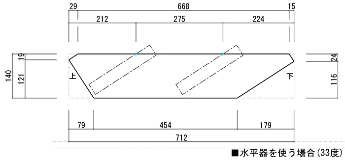 ウッドデッキ階段ササラ板の墨出し例のスケッチ画像1B(33度) ※後付けのウッドデッキ階段(後付けウッドデッキステップ)の段取り用墨出しスケッチ例