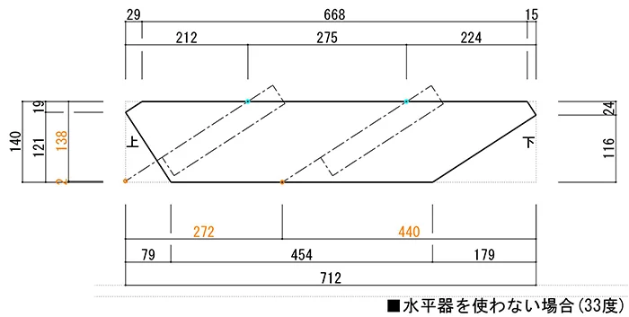 ウッドデッキ階段ササラ板の墨出し例のスケッチ画像1A(33度) ※後付けのウッドデッキ階段(後付けウッドデッキステップ)の段取り用墨出しスケッチ例