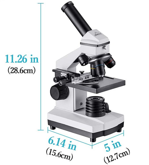 購入したmaxlapterの顕微鏡(実体顕微鏡)2000倍｢WR851｣の本体の外形寸法を記した写真画像：商品ページからの引用