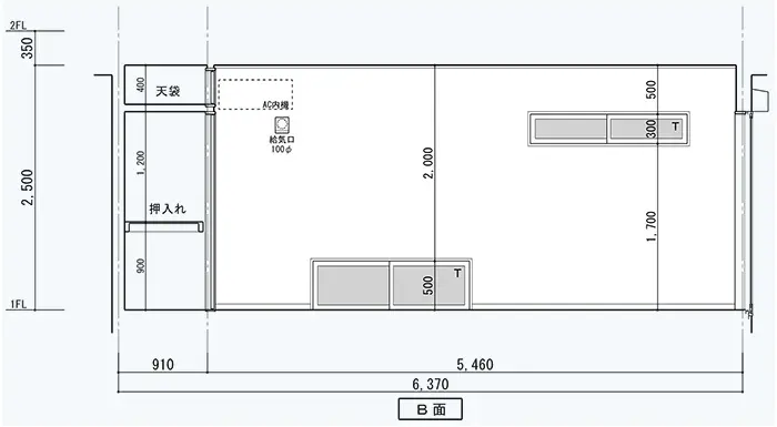 腰窓解説用に、とあるお宅の展開図を改変した図面画像3(地窓と高窓のある面)