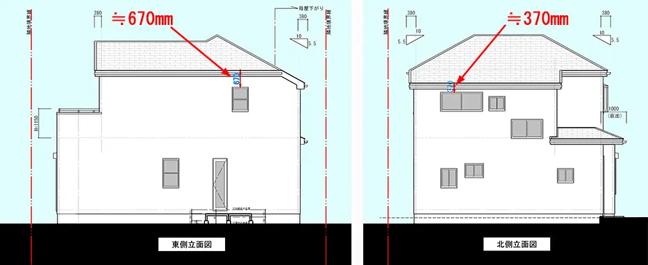 筆者の建売マイホームの東側と北側の立面図に解説コメントを書き込んだスケッチ画像 ※窓から自分で行う屋根点検の方法解説画像2