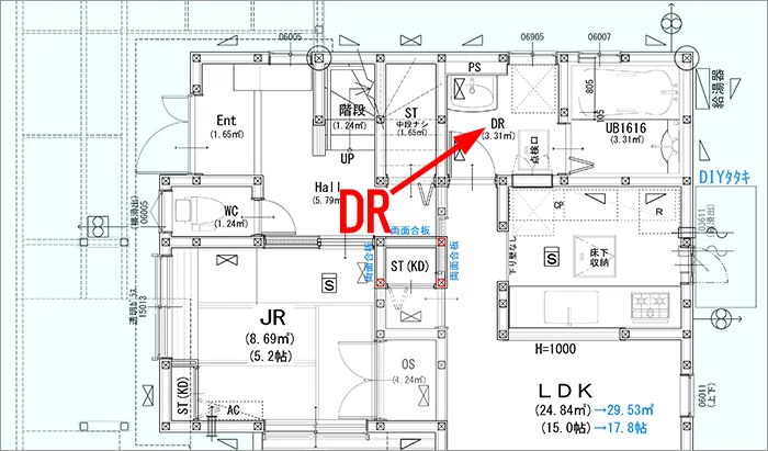 略語｢DR｣表記の例：(筆者の建売マイホーム1F図面英語表記あり版の抜粋建築図面平面図画像