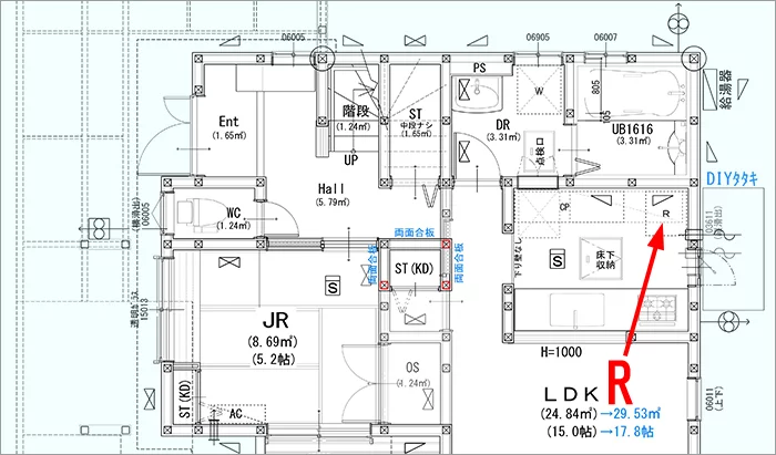 略語｢Ｒ｣表記の例：筆者の建売マイホーム1F図面英語表記あり版の建築図面平面図からの抜粋図面画像