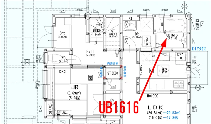 略語｢UB｣表記の例：(筆者の建売マイホーム1F図面英語表記あり版の抜粋建築図面平面図画像