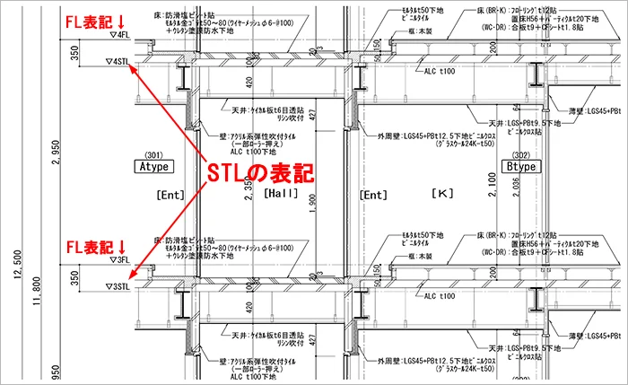 略語STL表記例：とあるS造アパートの矩計図抜粋
※建築図面(立面図･断面図系)略語の解説用の抜粋図面画像11