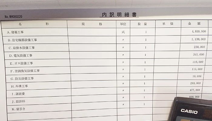 とあるお宅のリフォーム見積もり、内訳明細を撮影した写真画像
※リフォーム費用を算出するリフォーム見積もりの考え方解説画像03