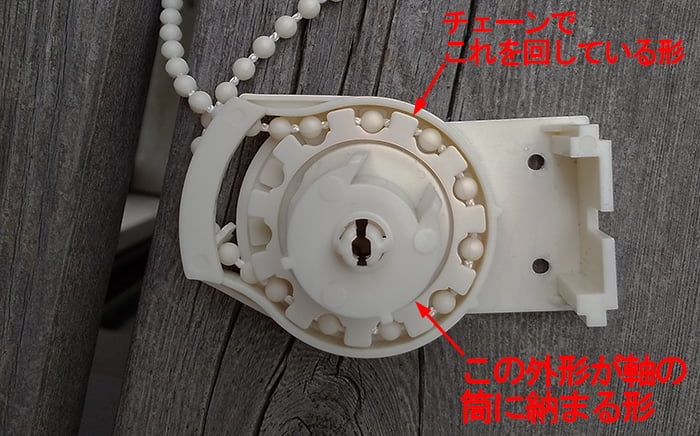 ニトリさんのロールスクリーン分解5 ：軸受け部分のチェーン歯車を撮影したコメント入り写真画像