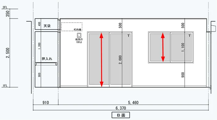 窓(サッシ)の内法寸法の例(展開図)：縦方向(高さ)