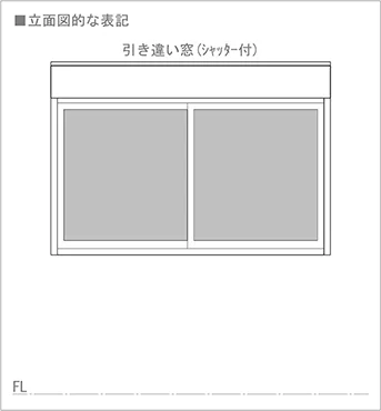 図7：引き違い窓 (腰窓の場合) の立面図での書き方(図面表記)を表した図面画像