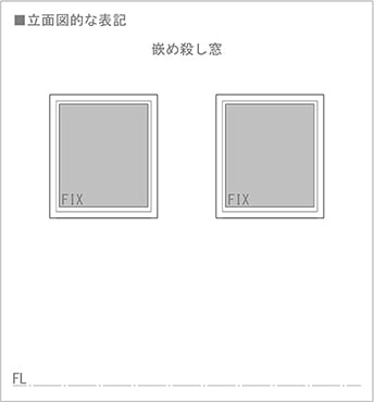 図1：嵌め殺し窓(FIX窓)の立面図での書き方(図面表記)を表した、解説用図面画像