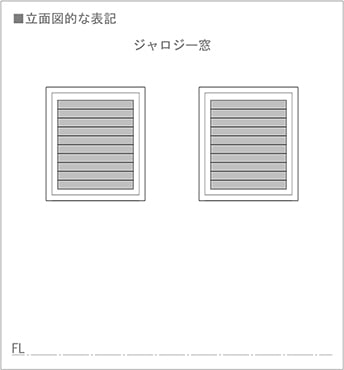 ルーバー窓(ジャロジー窓)の立面図での書き方(図面表記) を表した図面画像1 ※ルーバー窓(ジャロジー窓)の書き方(図面表記)解説用画像1