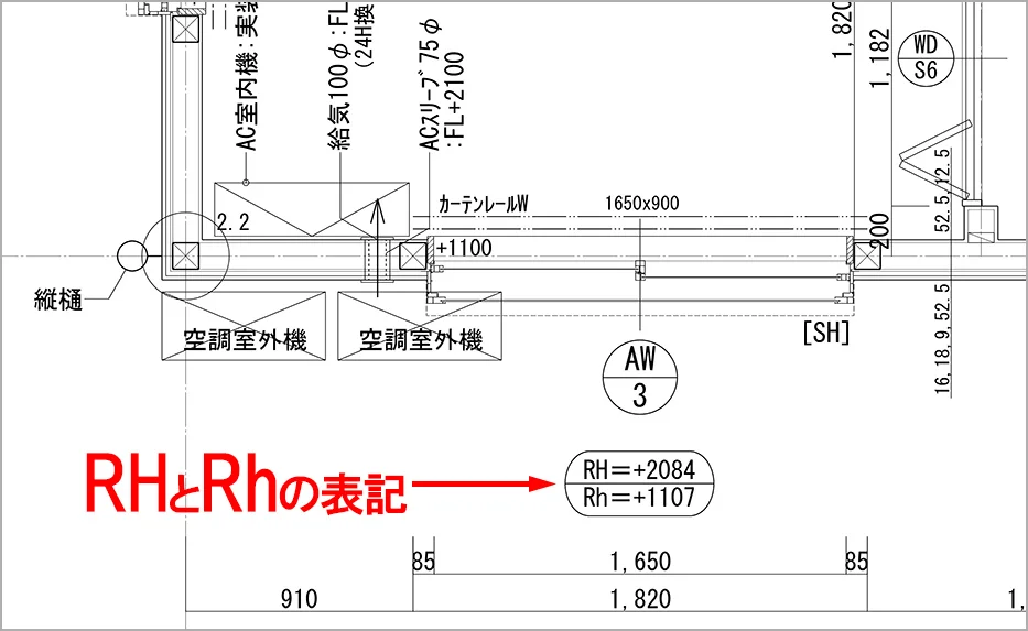 とあるお宅の平面詳細図上に見られる略語｢RH｣と｢Rh｣表記を図示した解説コメント入り図面画像