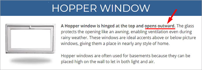 外倒し窓の英訳が｢Hopper window｣だと思う根拠 （American windowさんサイトのHopperWindowの紹介ページからのスクリーンショット）