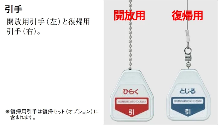 YKKapさんフレミングJのWEBカタログからの抜粋引用させていただいた外倒し窓(排煙窓)の開放用引手と復帰用引手の例
※カタログページの解説湯コメント入り写真画像