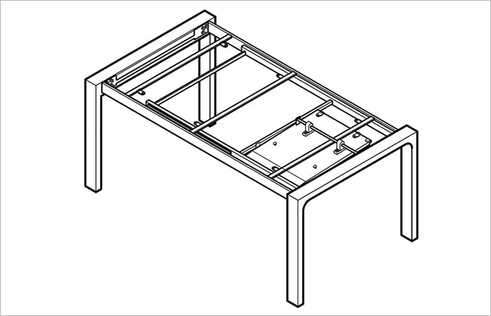 DIYによる自作のテーブル下収納を付けたテーブル自体の構造1(アイソメ図) ニトリさんの組み立て説明書より抜粋引用