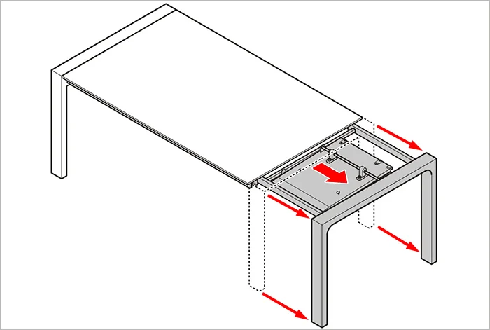 DIYによる自作のテーブル下収納を付けたテーブルの伸縮時の動き1(アイソメ図) ニトリさんの組み立て説明書より抜粋引用し追記