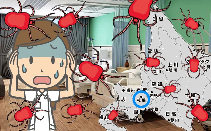 挿絵：札幌のとある病院でのタカラダニによる虫刺被害イメージの写真＆イラストの複合画像(写真ACさんからの出展画像を合成)
